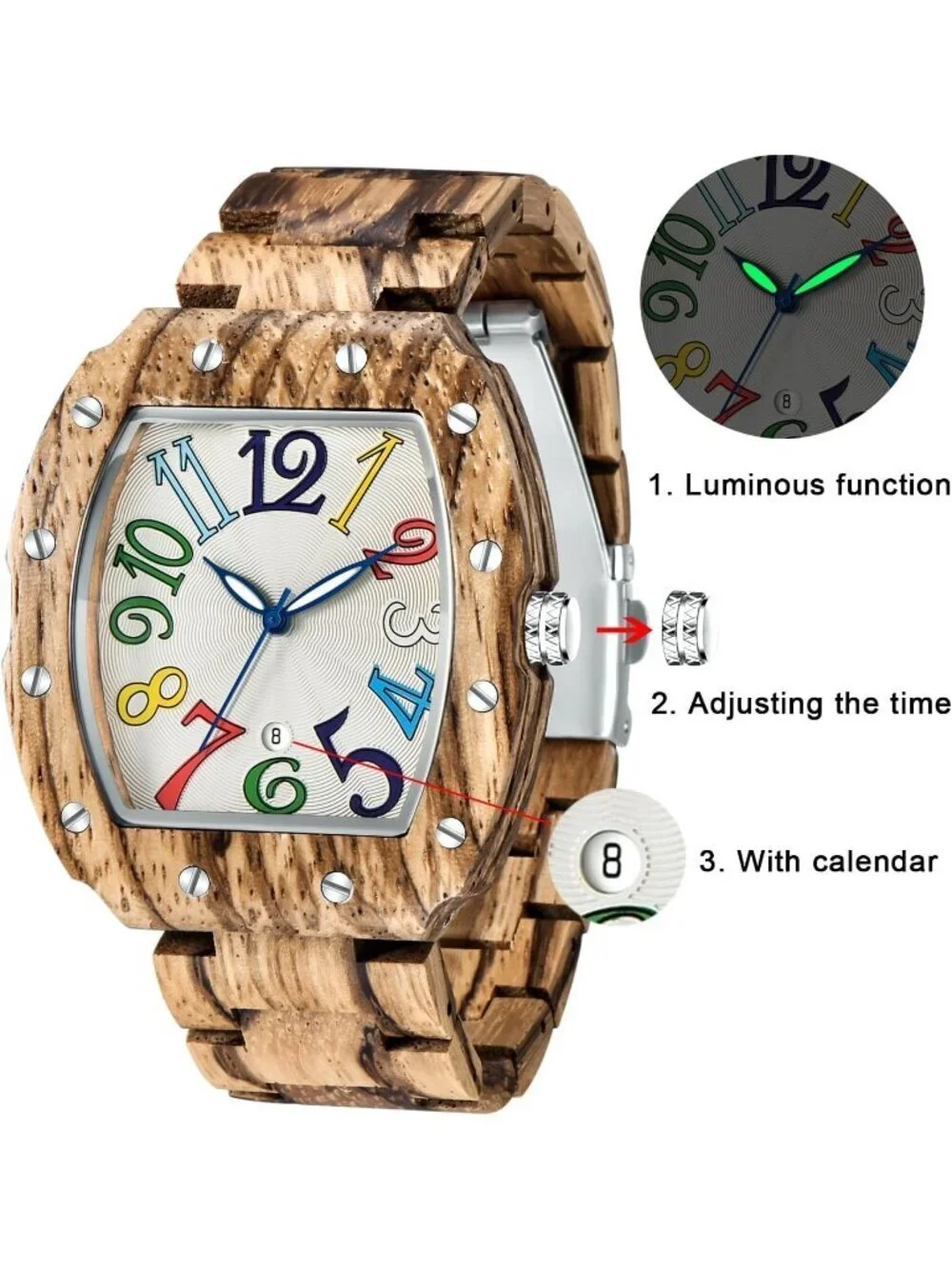 Men's Brown White Classic Handmade Square Bamboo Analog Date Quartz Wooden Watch